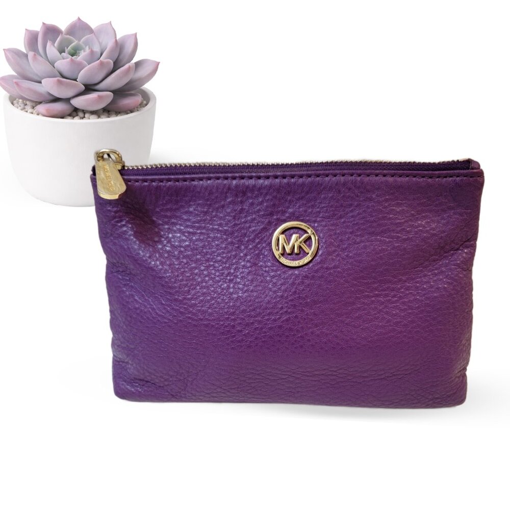 Michael Kors Purple Pebbled Leather Zip Pouch Clutch